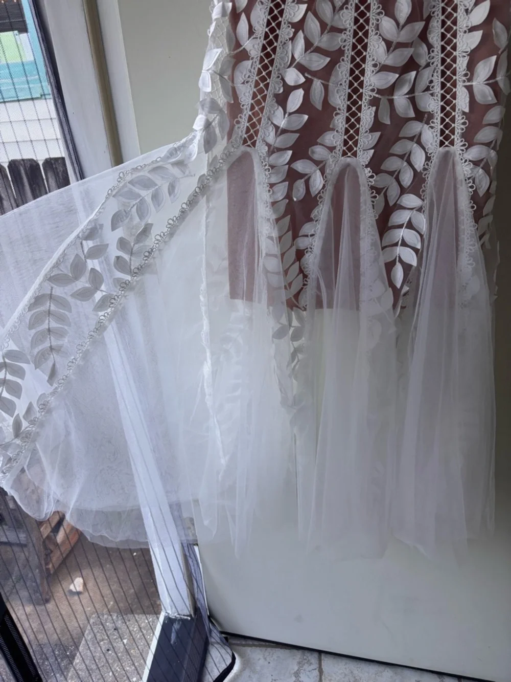Bronx and Banco White Lace Appliqué Maxi Gown with Nude Lining - Picture 8 of 12